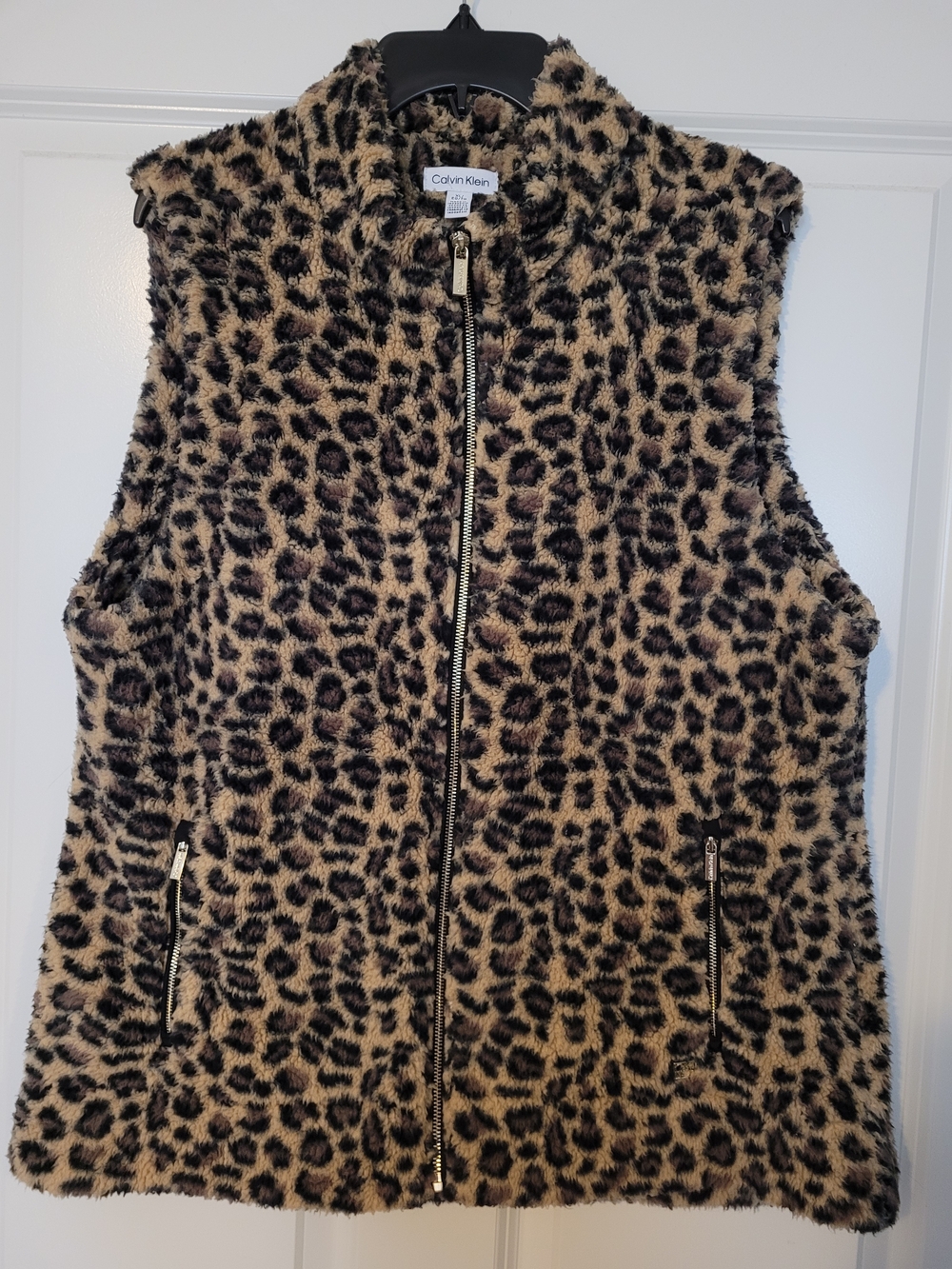 Calvin Klein Leopard Print Sherpa- Fleece Vest - Tan/Black XL